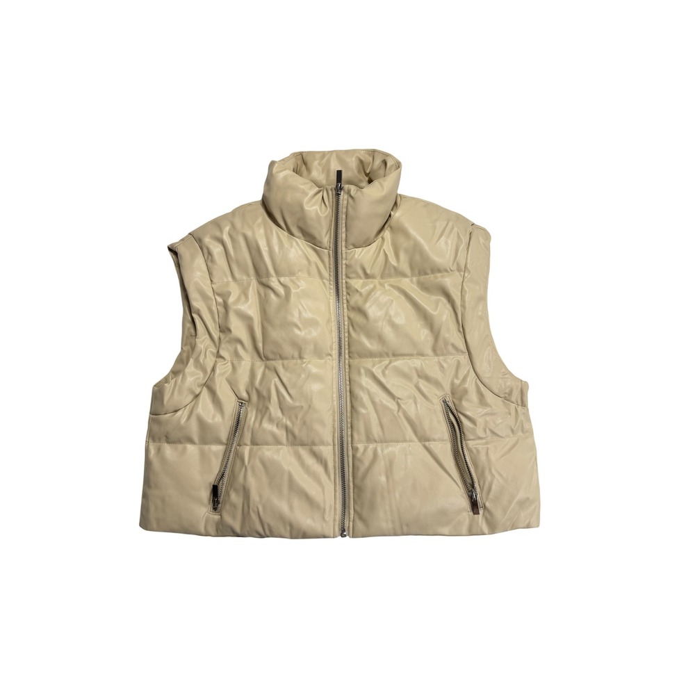 Beige Faux Leather Puffer Vest Cropped Zip Up Quilted Waistcoat Cream